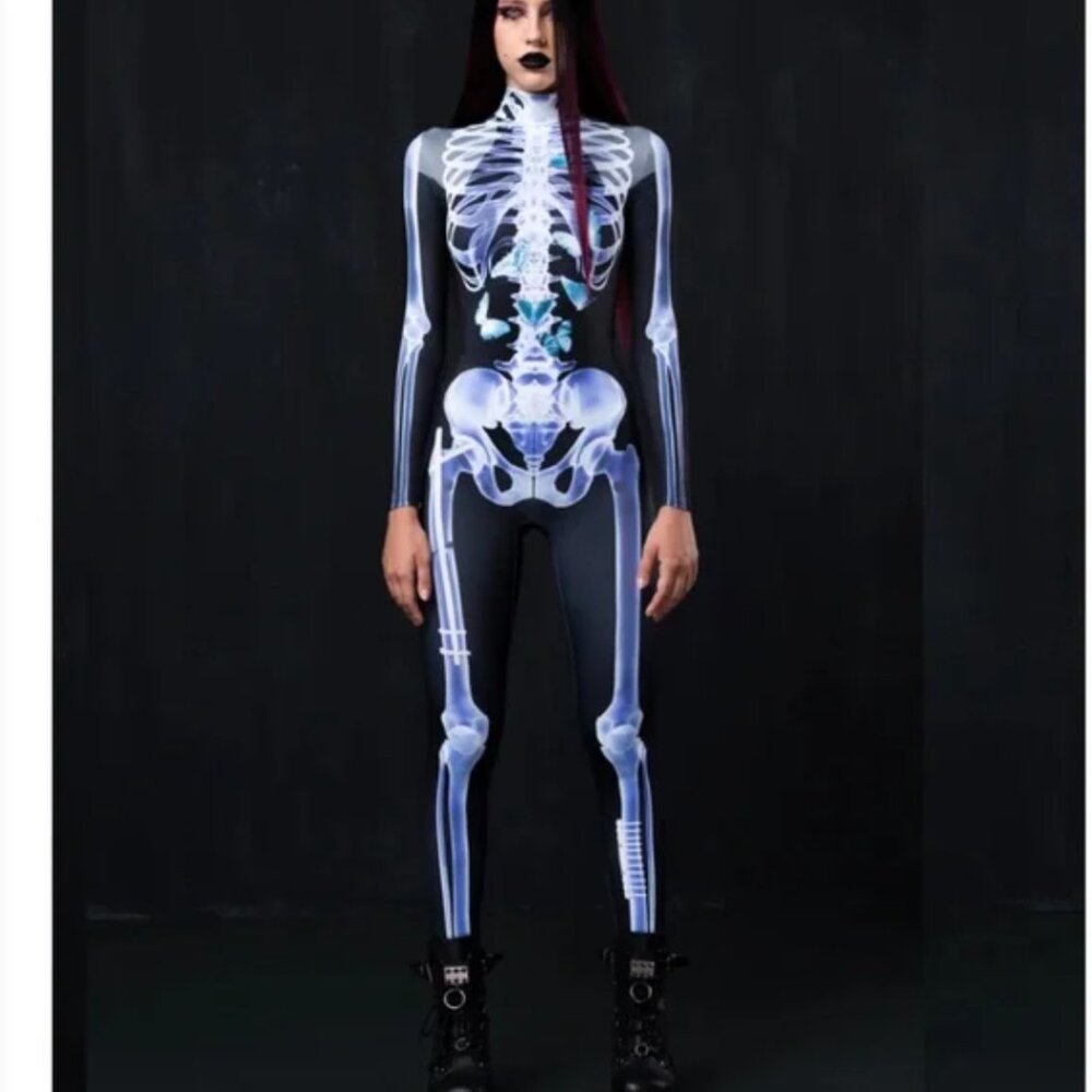 BadInka Women’s Skeleton X-Ray Butterfly Mockneck Bodysuit Medium Rave Festival